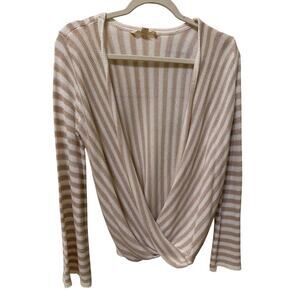 Love Stitch Twist Front Bell Sleeve Tan & White Striped Sweater Size Small Twee